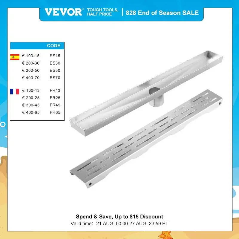 VEVOR Линейный слив для душа напольный траншейный слив 30 л/мин из нержавеющей стали со съемной крышкой для отеля ванной комнаты кухни туалета дренаж