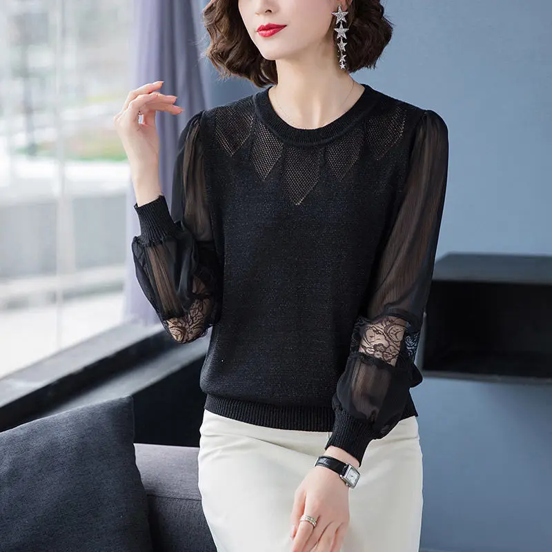 Autumn Winter Lace Patchwork Knitting Top Women Elegant Fashion All-match Sweater Ladies Solid Hollow Out Loose Casual Pullover