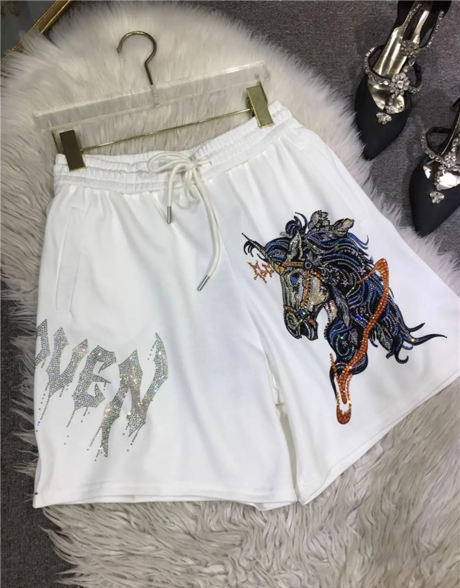 Heavy Industry Cartoon Rhinestone Shorts Female 2023 Summer New High Waist Black All-Matching Wide Leg Shorts Women Clothing