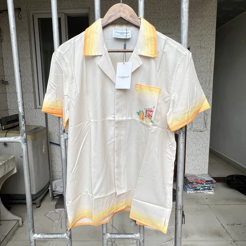

New Casablanca Shirts for Men Summer Casual Shirts V-Neck Fashion Mens Clothing Real Life Photo Cotton Shirt