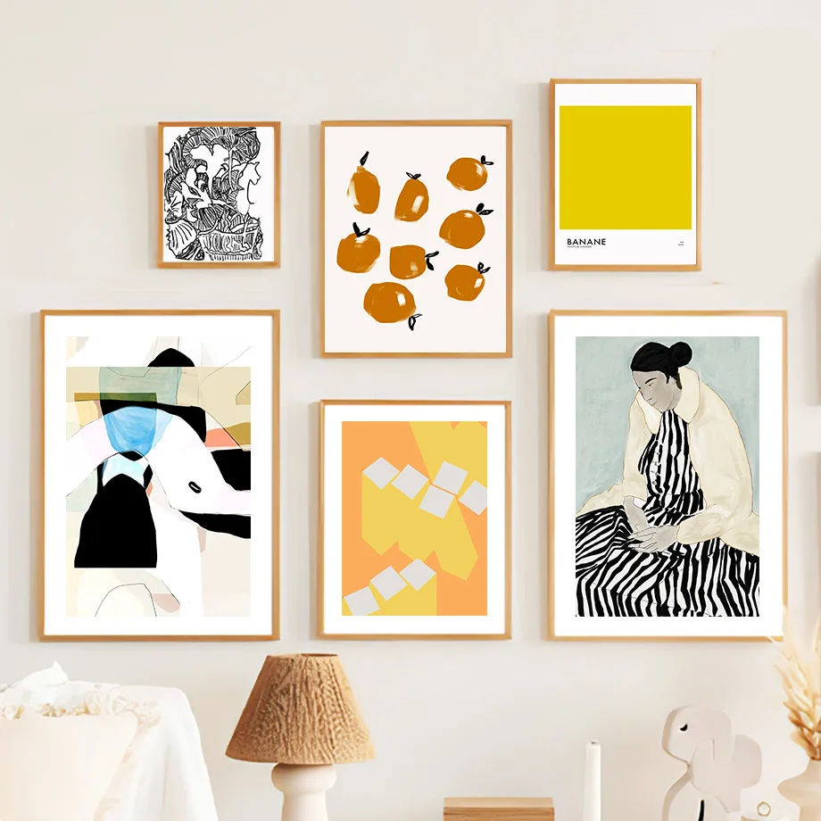 

Абстрактная полосатая девушка журавль фрукты лист Геометрия плакаты и принты настенное искусство холст живопись для гостиной декоративны...