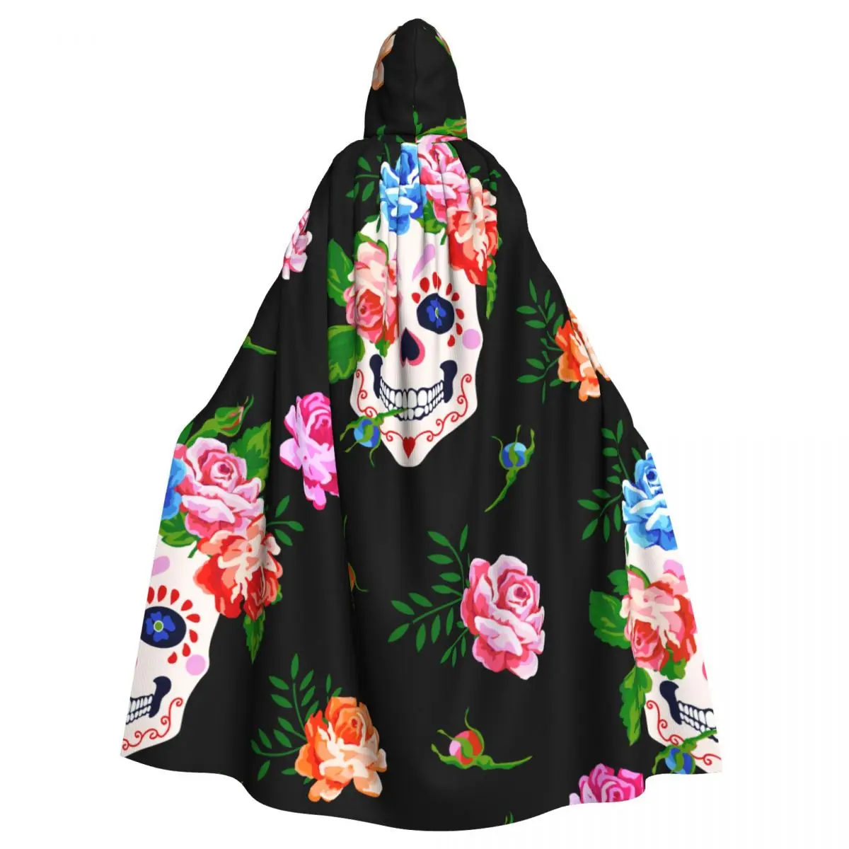 

Adult Cloak Cape Hooded Suger Skull And Rose Medieval Costume Witch Wicca Vampire Elf Purim Carnival Party