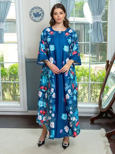 Kuwaiti Women's Galabia Dubai Luxury Beaded Vintage Floral Printed Dresses For Prom Muslim Woman Abaya Moroccan Kaftan Party