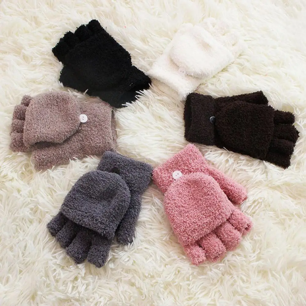

1 Pair Men Women Stylish Winter Soft Coral Fleece Flip Warmer Finger Plush Mittens Gloves Cover Thicken Half P9c5