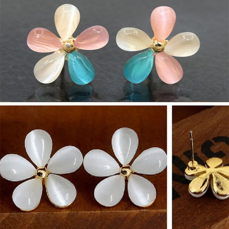 

Korean FashionOpal Five Petal Flower Stud Earrings for Women Statement Ear Jewelry Gifts
