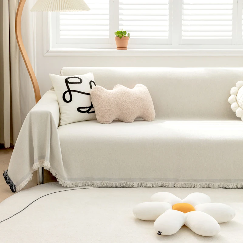 

White Color Chenille Blanket Nordic Plain Sofa Bed Decorative Nordic Blankets Sofa Towels Cover with Tassel Universal Sofa