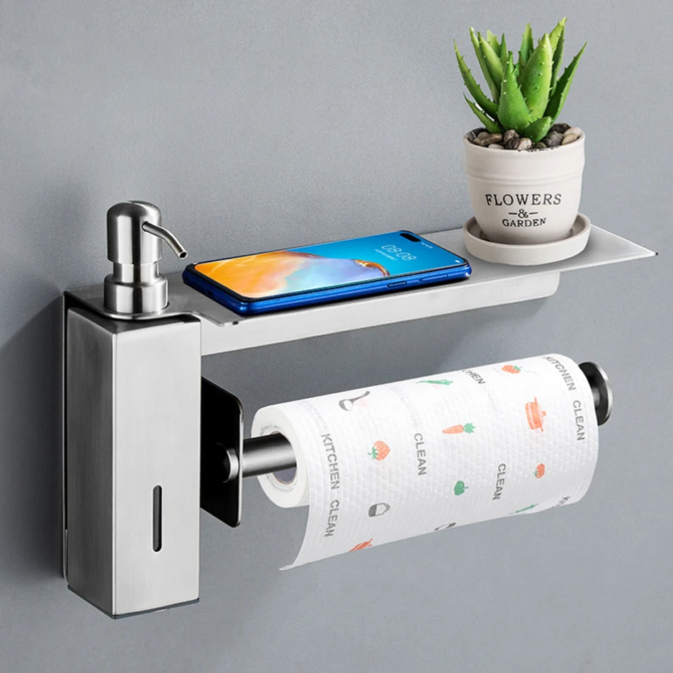 

Liquid Soap Dispenser with Paper Roll Rack 304 Stainless Steel Wall Mount Lavatory Kitchen Hand Wash Soap Dispenser Holder 500ML