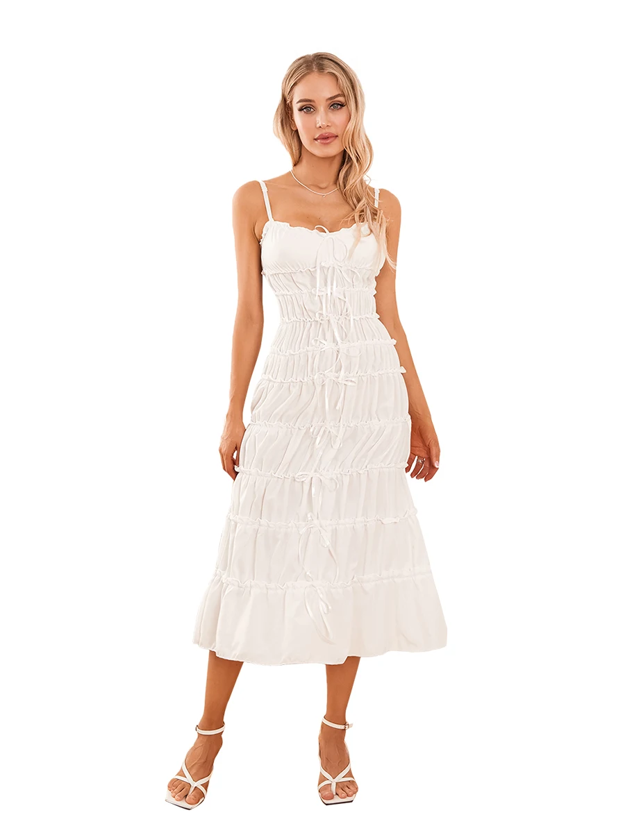 

Женские Летние повседневные Длинные платья Y2K без рукавов на бретелях-спагетти с завязкой спереди дымчатое платье для повседневной клубной носки