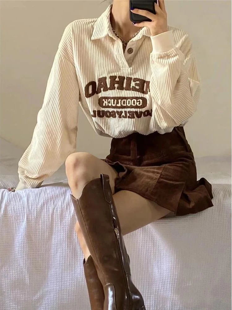 

Deeptown 90s Retro Style Embroidery Sweatshirts Women Harajuku Corduroy Beige Oversized Hoodies Polo Collar Casual Tops Vintage