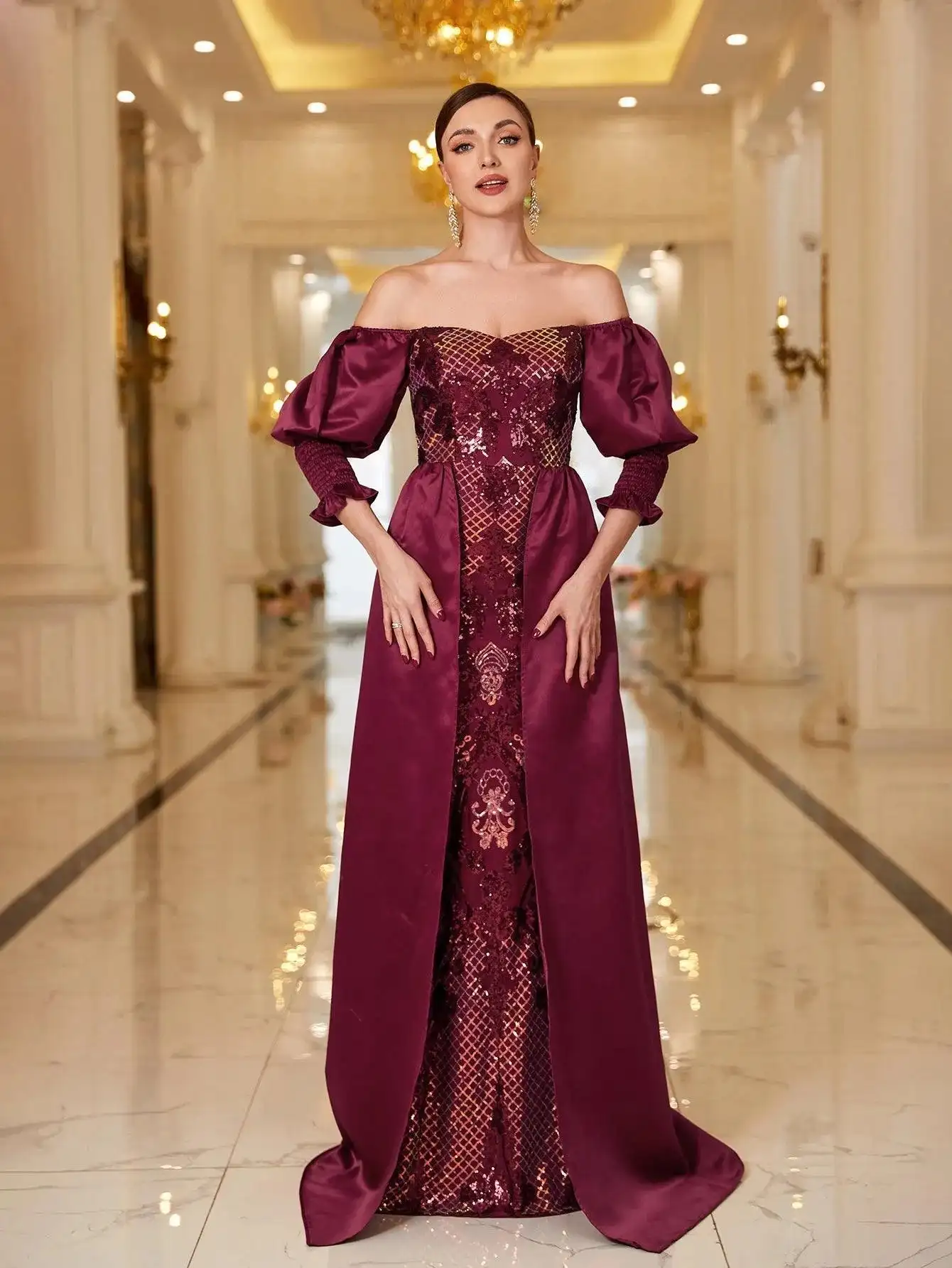 Платье для выпускного вечера с открытыми плечами и рукавами Gigot пайетками