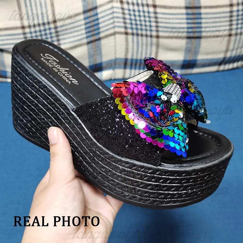 Big Size Slippers Women Sequin Bow Slides Women Summer Sandals Wedge Heels Ladies Shoes Thick Bottom Slippers Platform Slippers images - 6