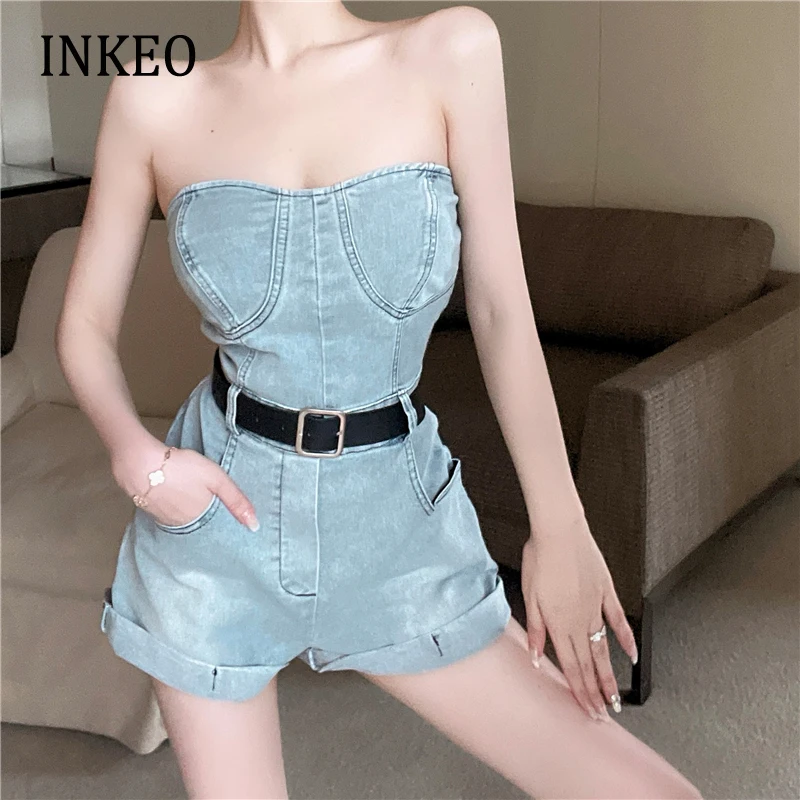 

Sexy Sleeveless denim bodysuit women Summer Fashion Club corset jumpsuit with belt 2022 Newest Female Overalls Party INKEO 2B007