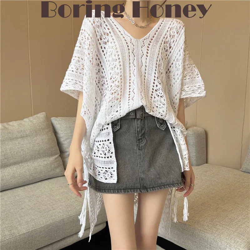 

Вязаные топы для женщин, свободные и удобные пуловеры для защиты от солнца в Корейском стиле