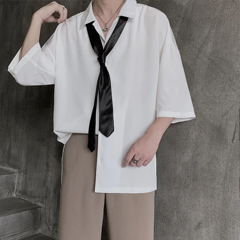 

Perth shirt jacket men's three-quarter sleeve Hong Kong style literary top Xia Wenyi solid color mid-sleeve shirt