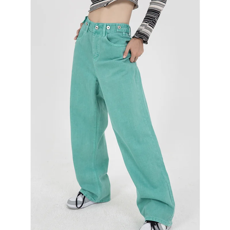 

Джинсы женские с завышенной талией, свободные брюки из денима с широкими штанинами, в винтажном американском стиле, зеленые, для отдыха, осень