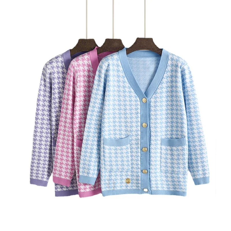 

Женский трикотажный кардиган «гусиные лапки», зимний свитер с V-образным вырезом и пуговицами, кардиган с карманами и длинными рукавами, 2023