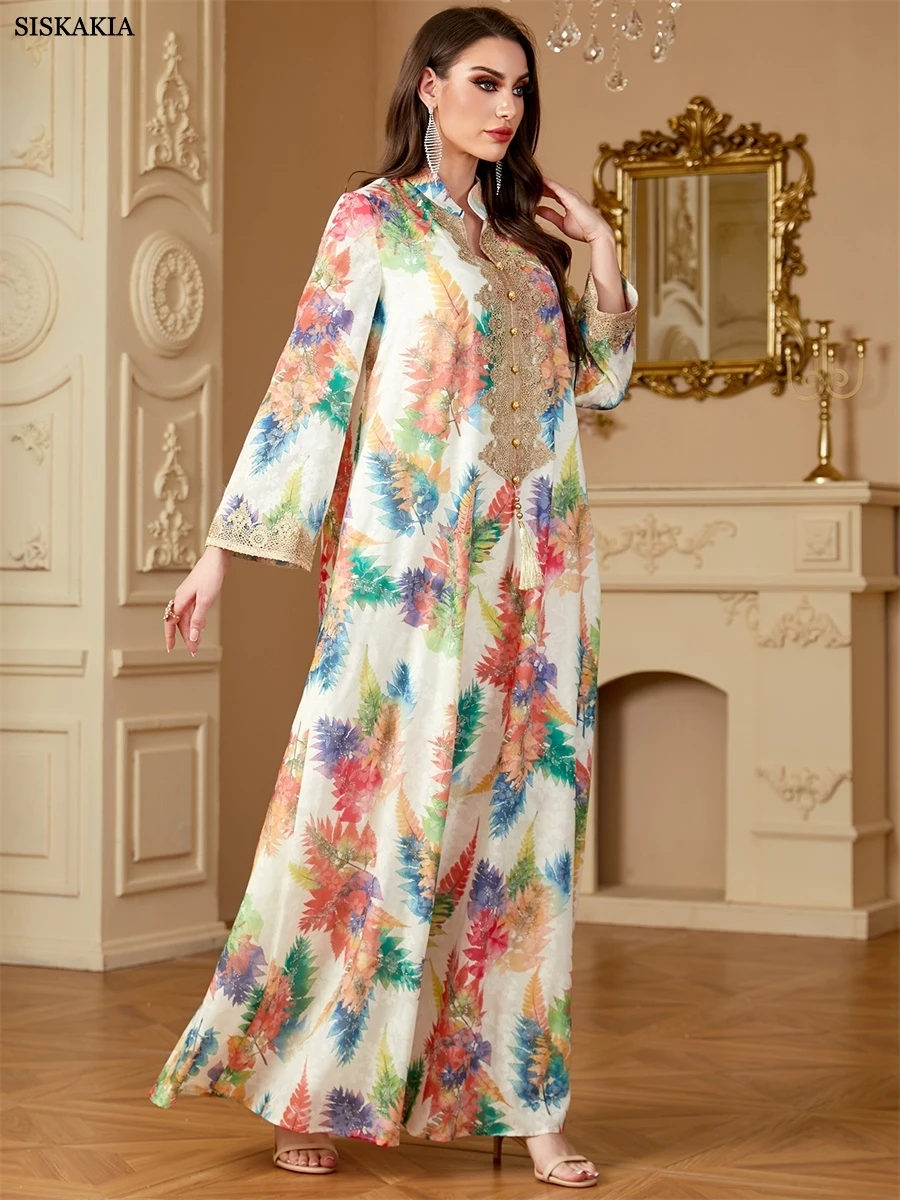 Siskakia Рамадан Дубай Вышивка Цветочный Принт Абая Мусульманское Элегантное