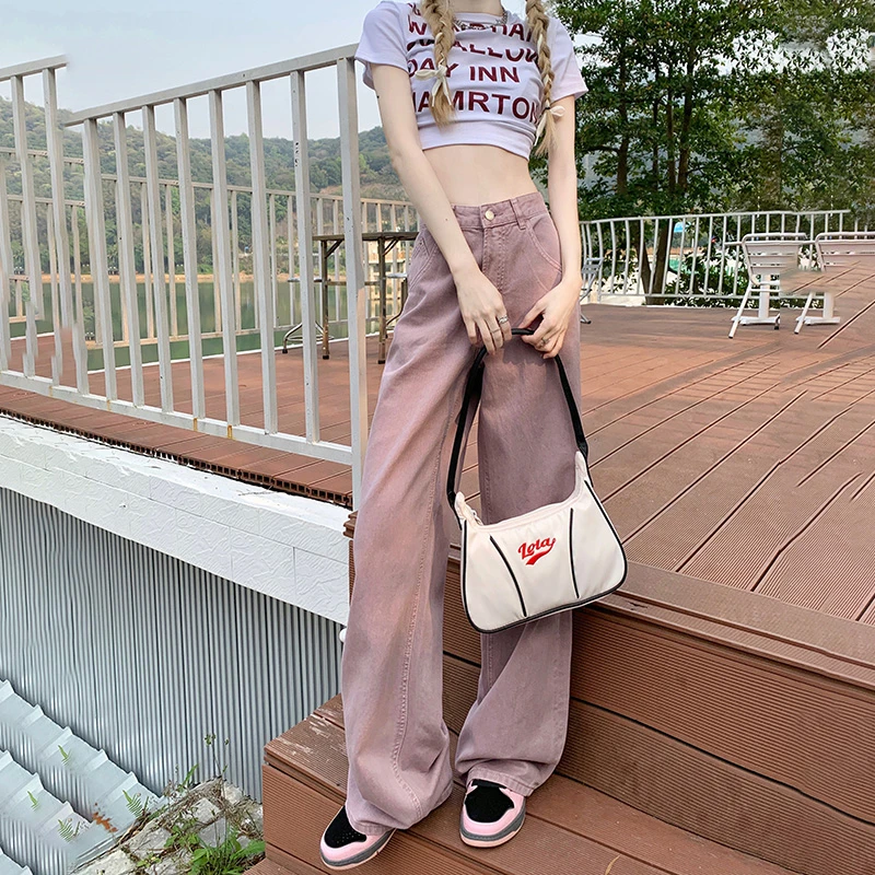 Vintage Jeans Women's 2023 New Purple Autumn Winter High Street Pants High Waist Straight Tube Loose Wide Leg Pants&Long Pants L