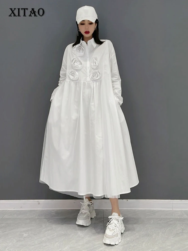 

XITAO Flowers Mesh Patchwork Dresses Fashion Three-dimensional Decoration Solid Color Long Large Size Casual Women GWJ3214