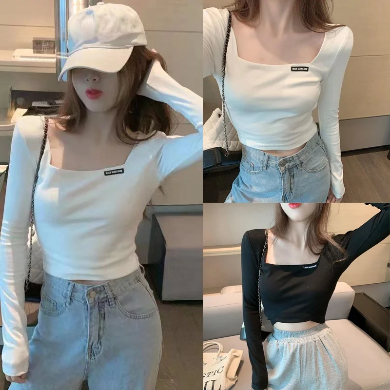 

Square Neck Long Sleeve T-Shirt Women Slim Fit Cropped Navel Top