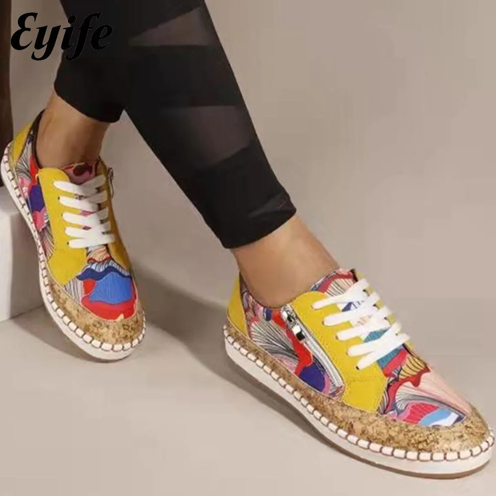 

Women's New Sneakers 2022 Autumn Zipper Floral Ladies Lace Up Casual Vulcanized Shoes 35-43 Large-Sized Female Flats