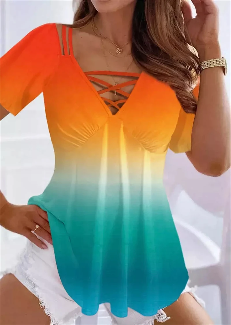 

Women Gradient Criss-Cross Hollow Out Blouse Luxury T Shirts Print Short Sleeve V-neck Tops Summer Fashion Casual Girls Pullover