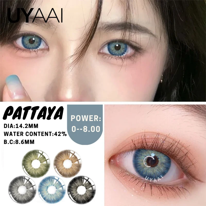 UYAAI Color Contact Lenses PATTAYA Blue Dark Natural Color Lens with Degree Eyes Beauty Pupilentes Myopia Lens for Yearly Use
