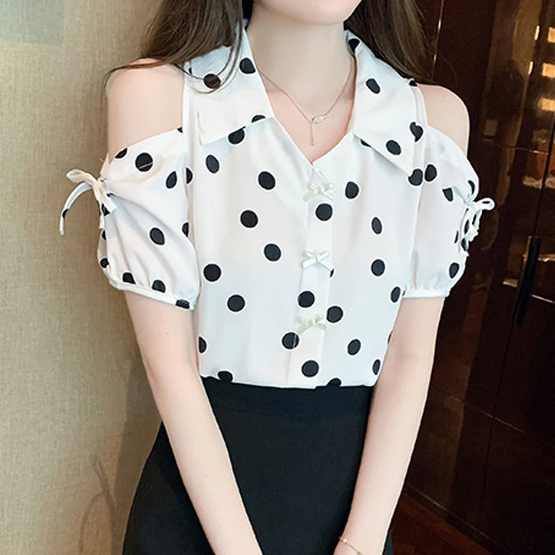Summer Hollow Short Sleeve Sexy Shirt Polka Dot Off Shoulder Blouse Women Sweet Office Lady Tops Bow Button Clothes Blusas 27489
