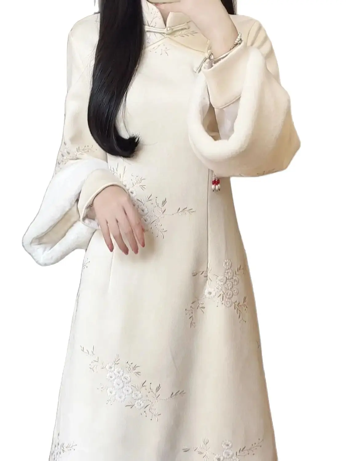 Женское зимнее платье-Ципао с плюшевым воротником