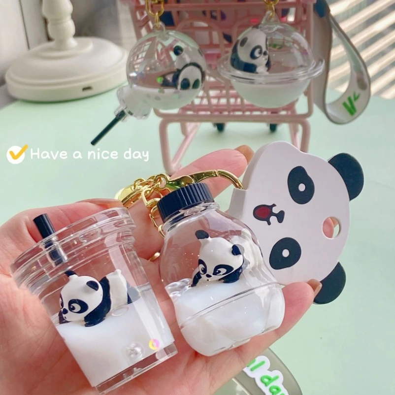 

Cute panda Milk Tea Cup Liquid Keychain round pierced floating into oil Quicksand Animal Keyring Women Bag Pendant Keyfob Gifts