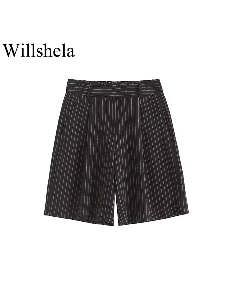 

Willshela женские модные полосатые мини-шорты на молнии спереди, винтажные женские шикарные шорты с высокой талией