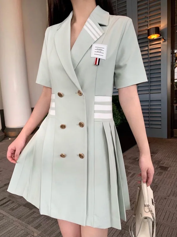 

High quality TB Summer New College Style Three-bar Suit Skirt Three-color Webbing Waist Pleated Dress