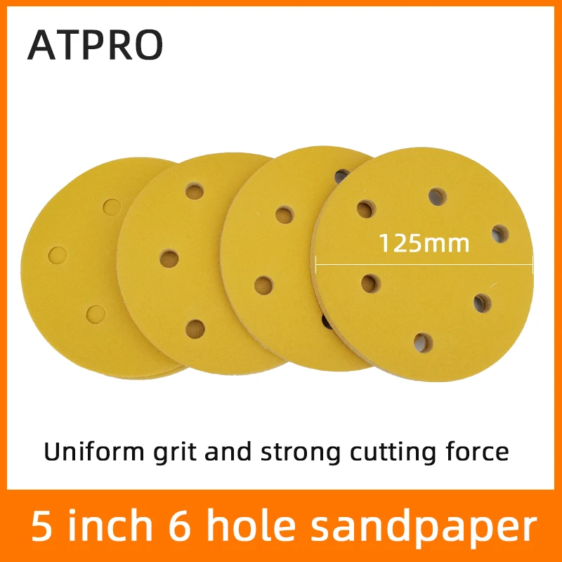 

10 Pcs Dry Sanding Paper 5 Inch 6 Hole 125mm Flocking Self-adhesive Car Polishing Putty Round Sand Disc