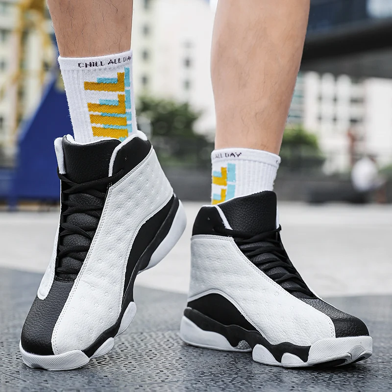 Leather Spring And Autumn Models Simple Mid-top Wear-resistant Easy-to-bend Thick-bottomed Contrast Color Basketball Court Shoes