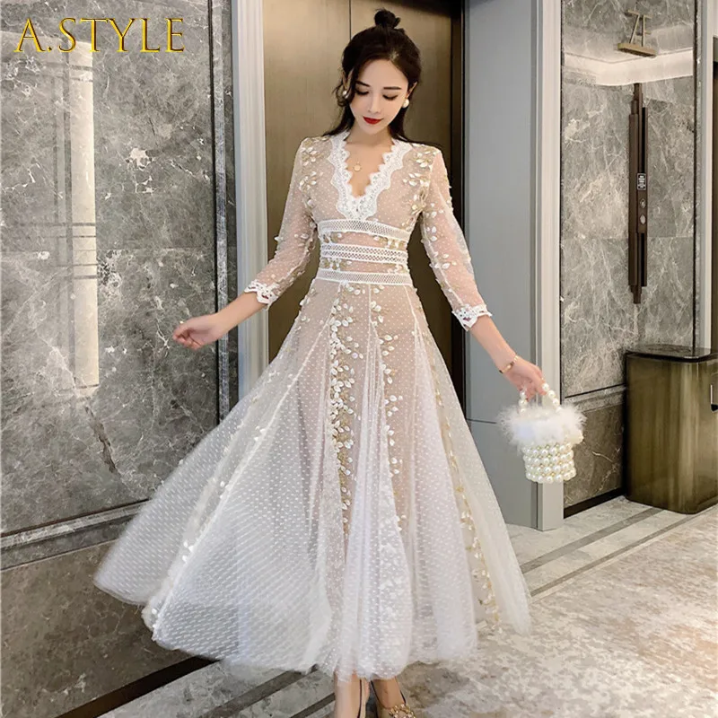 

A GIRLS 2022 Women Flower Lace Embroidery Mesh Maxi Dress Sweet Ladies Long Sleeve Sexy V Neck Polka Dot White Party Dresses