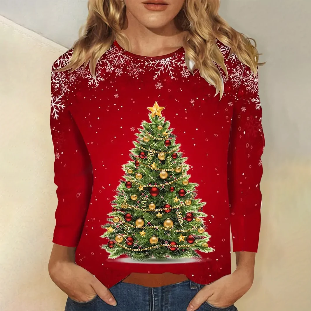 Осенне-рождественская женская футболка пуловер с длинными рукавами одежда