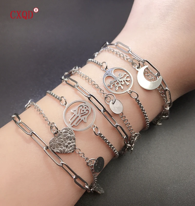 

Stainless Steel Heart Moon Pendant Layered Bracelet for Women Simple Fashion Accessories Charm Unisex Wrist Jewelry Set Gifts