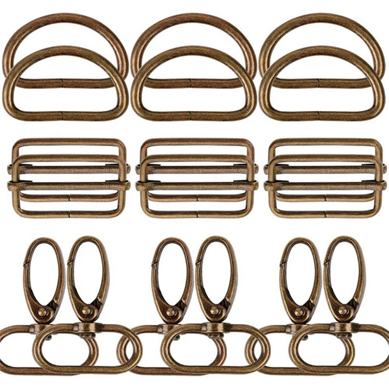 

2 Set 32Mm Metal D Rings For Gags Swivel Snap Hooks Tri-Glide Buckles For Handbag Hardware - Silver & Bronze