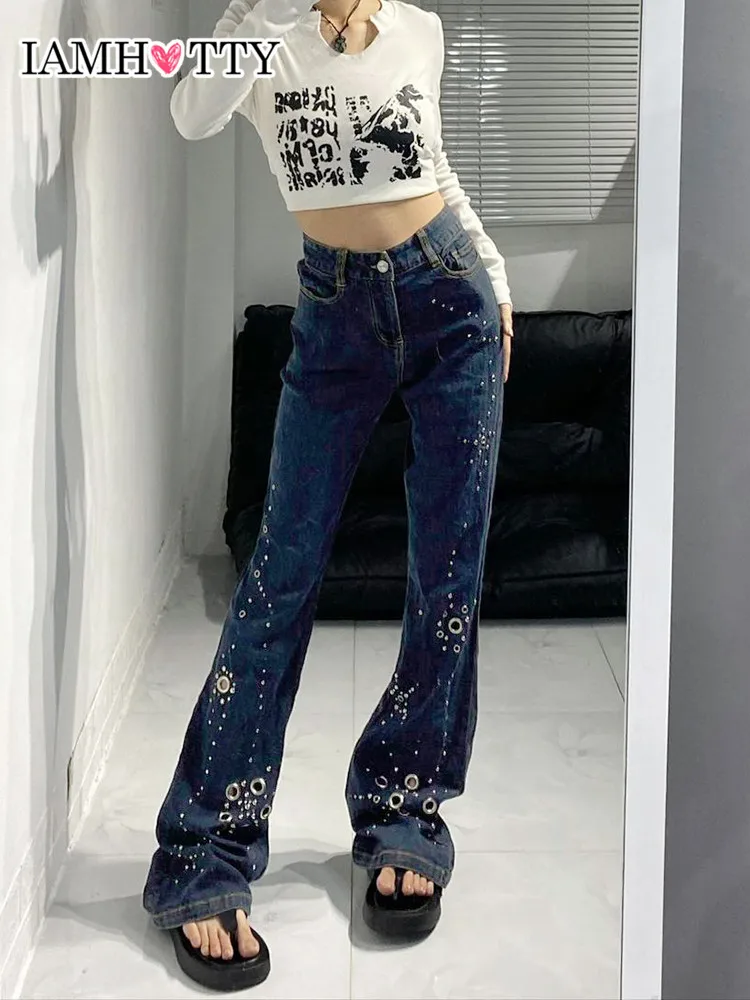 

IAMHOTTY Eyelet Hole Printed Flared Jeans Women Fairycore Grunge High Waist Baggy Denim Trousers Vintage Casual Pants Chic New