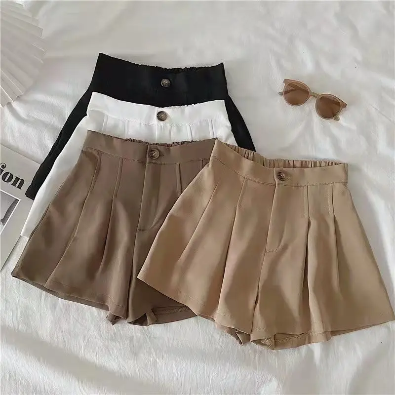 Summer Korean Fashion Shorts Women Simple Button Solid Color Folds High Waist Shorts Student Style Female Clothing Shorts y2k