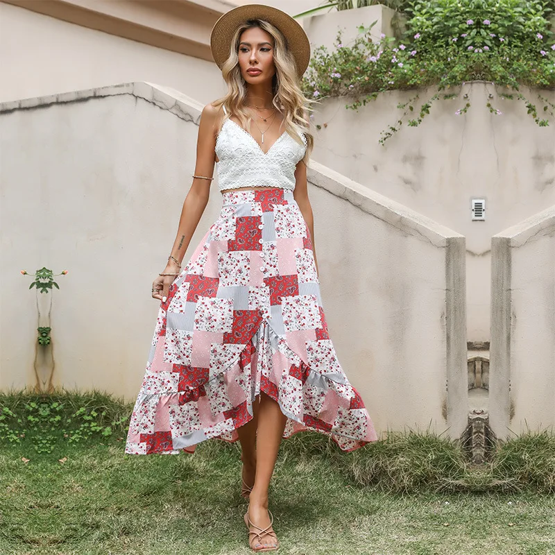 

【JENNER】Summer new temperament chiffon long skirt loose printing irregular skirt light and breathable