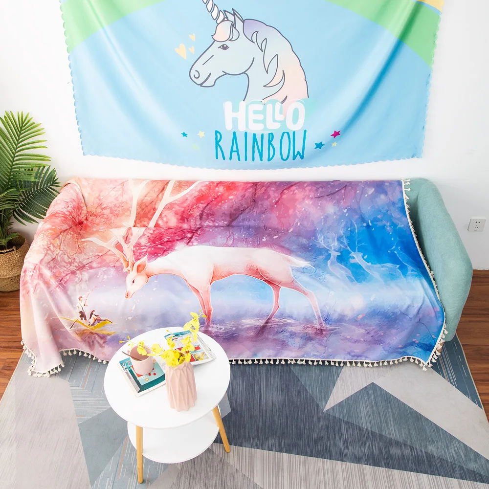 

Nordic Kawaii Blanket Throw with Tassel Sofa Blanket Pink Psychedelic Deer Sofa Towel Cover Cartoon Print Bed Spread Tapestry