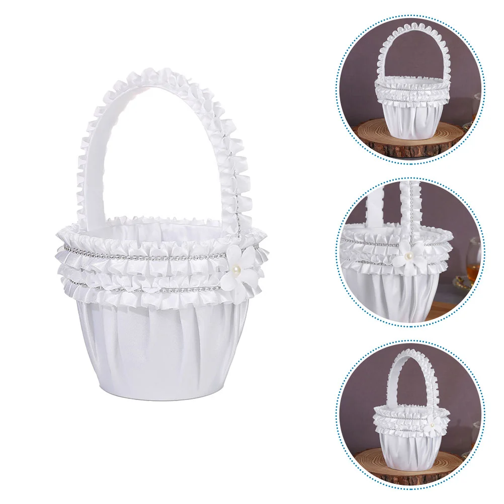 

Basket Wedding Flower Gift Girl Storage Candy Baskets Lace Handle Farmhouse Handheld Pearl Rhinestonedecoration Ceremony Party