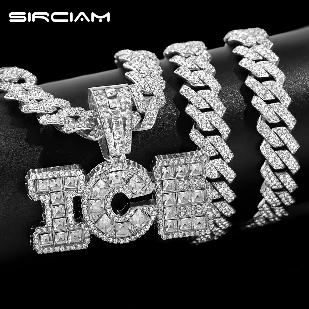 

Hiphop Crystal Baguette ICE Letter Pendant Necklace For Women Men Iced Out 14MM Prong Cuban Link Necklaces Iced Chain Jewelry