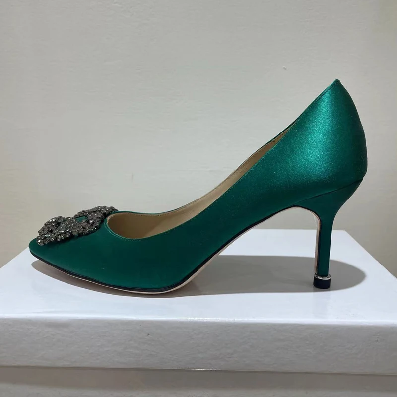 High Material Classic Rhinestone Pointed Silk Temperament High Heel Single Shoes Women's Button Shallow Flat Wedding Shoes