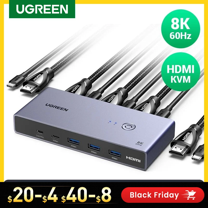 UGREEN 8K 60 Гц HDMI KVM переключатель USB C USB3.0 KVM переключатель 2 шт. совместное использование 1 монитор, принтер, клавиатура, мышь Поддержка 3D ,HDR видение