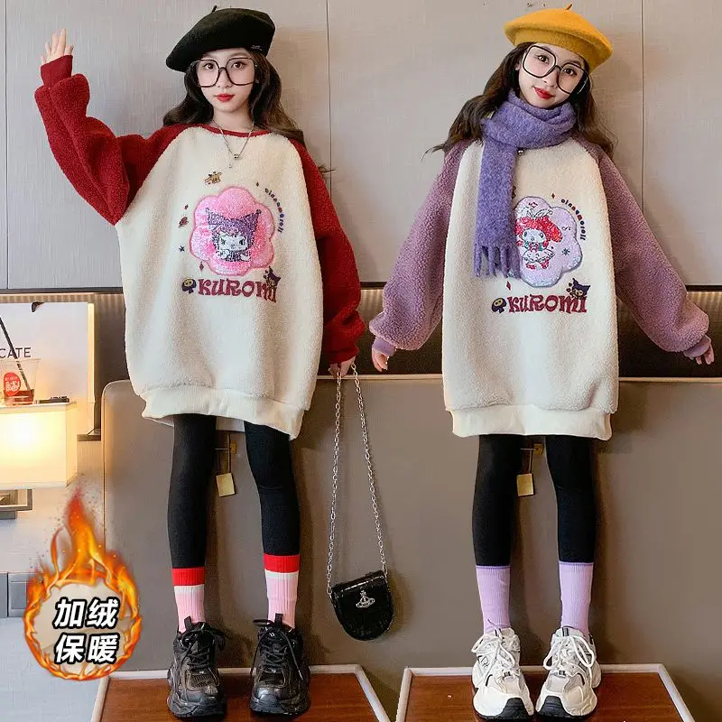 

Sanrios Children Kuromi Plus Velvet Hoodie Anime Winter Woolen Sweater Sequins Medium Length Kids Girl Cartoon Leisure Kawaii
