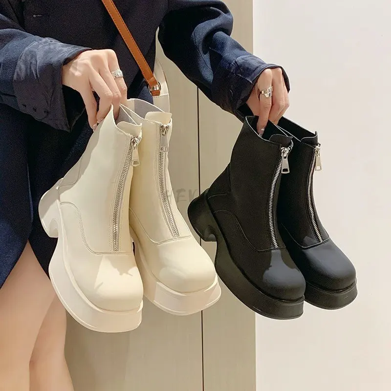 

New Spring Soft Leather Women Ankle Boots Ladies Round Toe Non Slip Shoe Female Fashion Front Zipper Beige Black Botas Eu 35-40