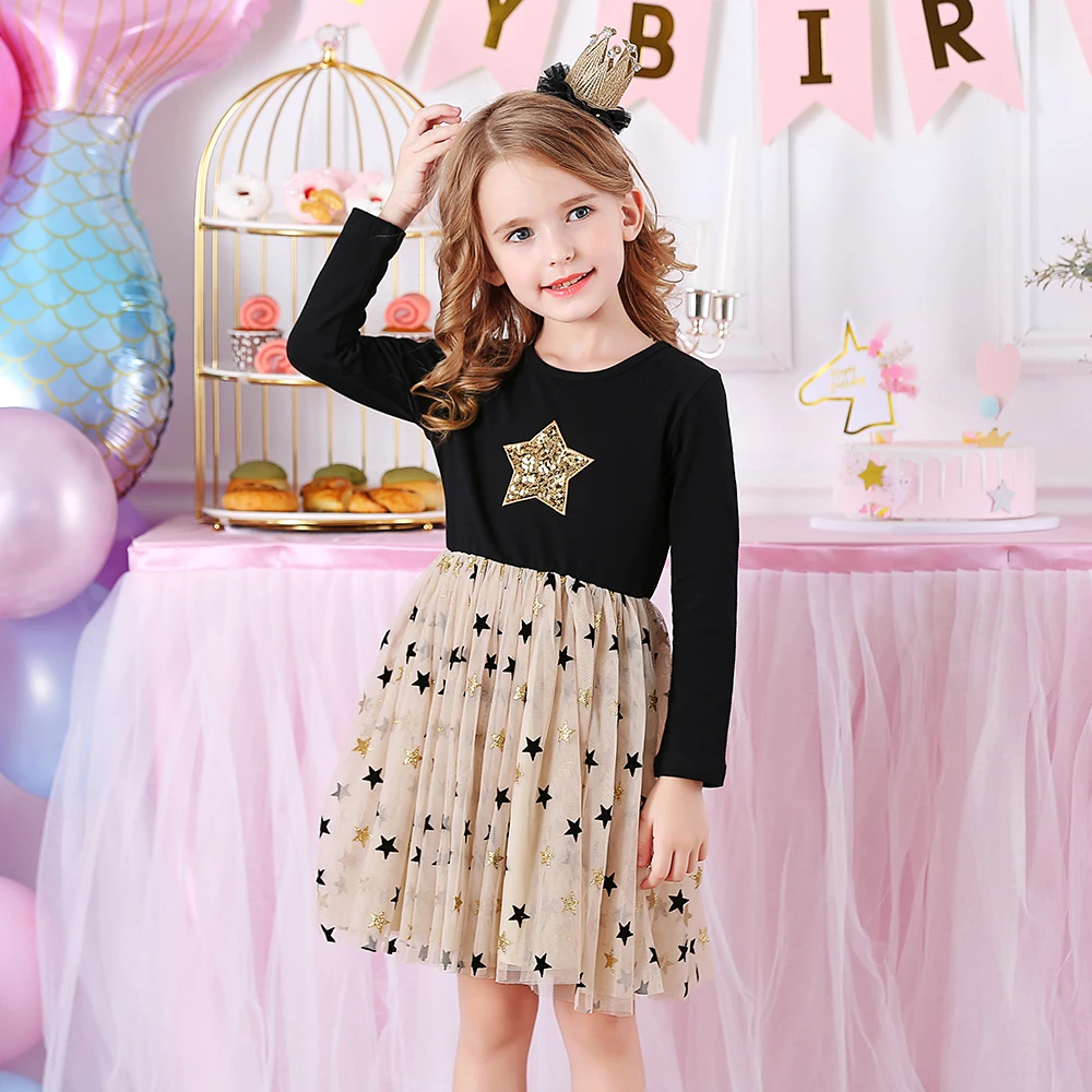 

Детские осенне-зимние платья для девочек, платье принцессы со звездами и блестками, праздничное платье для девочек с длинным рукавом, плать...