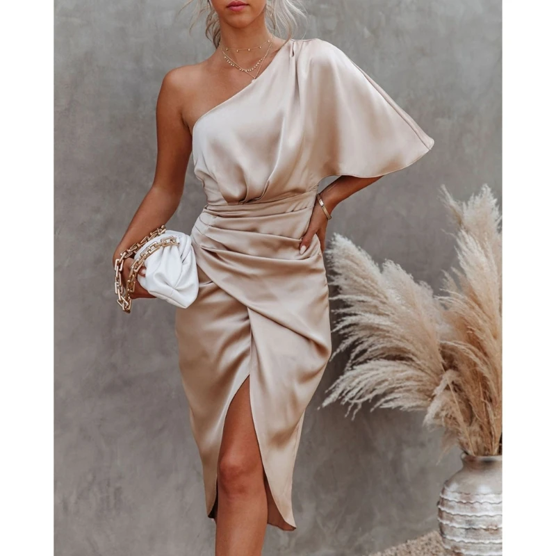 

Womens Satin One Shoulder Batwing Sleeve Ruched Bodycon Midi Long Dress Asymmetrical Wrap Front Cocktail Party Dresses